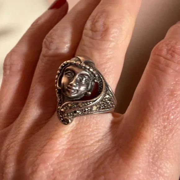 Antique Art deco 1920’s Sterling silver art Nouveau Flapper Face Ring - Picture 16 of 17